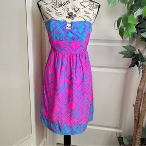 Alice & Trixie Y2K Silk Strapless Geometric Empire Waist Dress Pink Blue Sz M